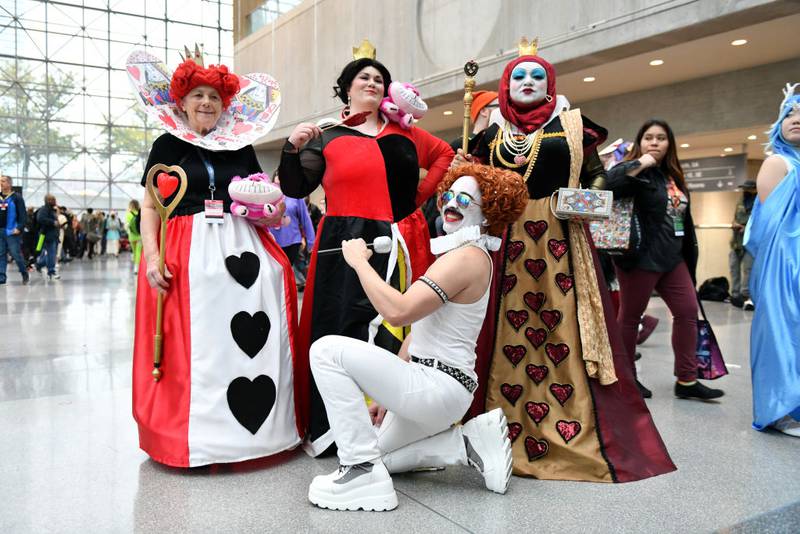 NEW YORK, NEW YORK - OCTOBER 14: Cosplayers pose as Red Queen and Freddie Mercury Red Queen during New York Comic Con 2023 - Day 3 at Javits Center on October 14, 2023 in New York City. (Photo by Craig Barritt/Getty Images for ReedPop)